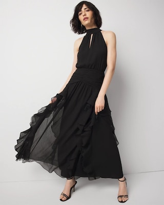 【関税無・国内発】Off-White / Ruffle Dress / Black / ドレス Ruffle Halter Maxi Dress | White House Black Market
